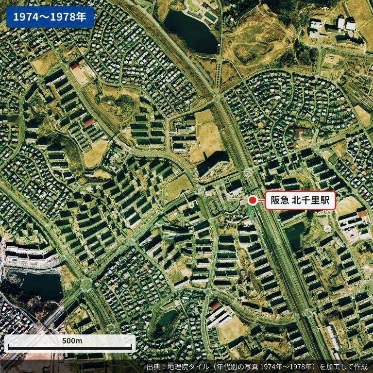 1974〜1978年の北千里駅周辺の空中写真。団地と住宅地が広がり、阪急千里線と北千里駅、駅の西側の地区センターが写っている